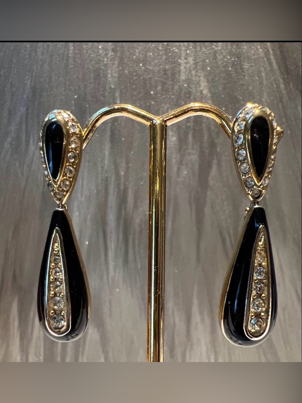 DIOR Gold Black Enamel Teardrop Crystal Drop Earrings Pierced Luxury Designer